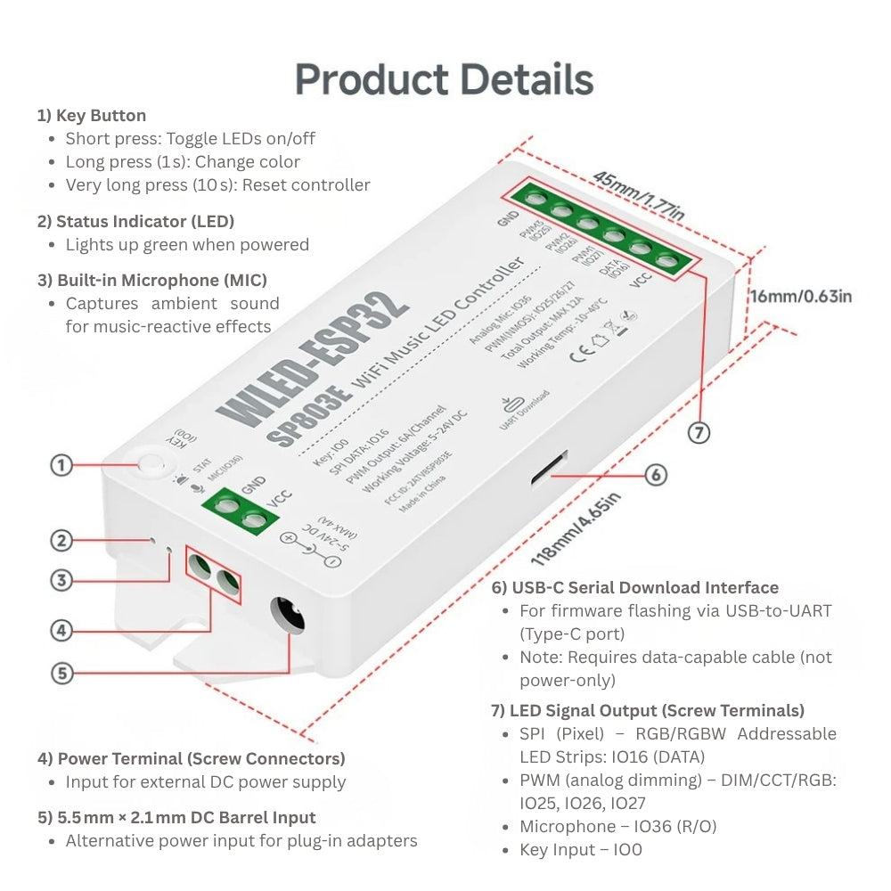 WLED ESP32 WiFi LED-Controller für SPI & PWM LED-Streifen (5-24 V)