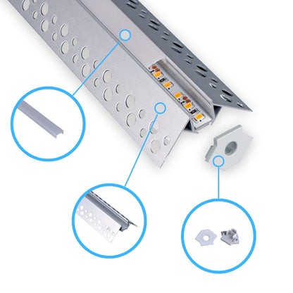 2m Trockenbau LED-Profil  – Aluminium Einbauprofil für Außenecken in Gipskarton