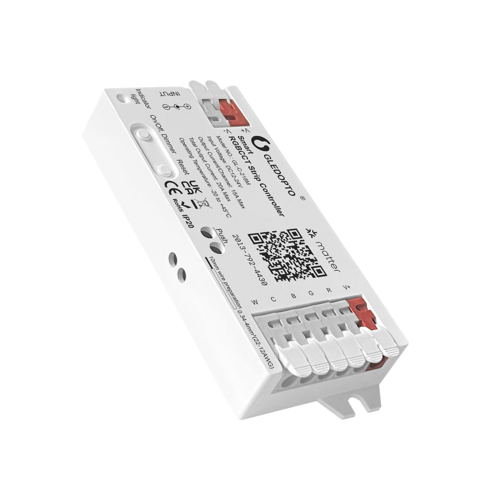 Matter RGB+CCT LED Controller (5-Kanal) – 12–24V, 20A, für Apple/Google/Alexa