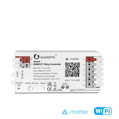 Matter RGB+CCT LED Controller (5-Kanal) – 12–24V, 20A, für Apple/Google/Alexa