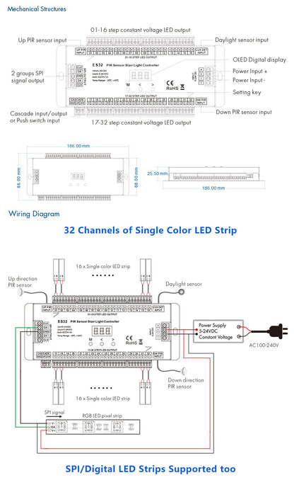 Treppen-LED-Controller für einfarbige Stufenbeleuchtung mit RGB-Handlaufsteuerung