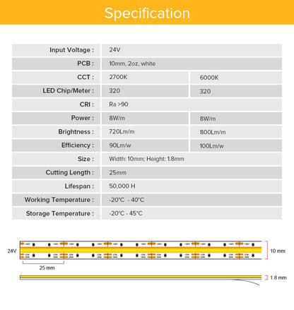 COB CCT LED Strip 24V 5m