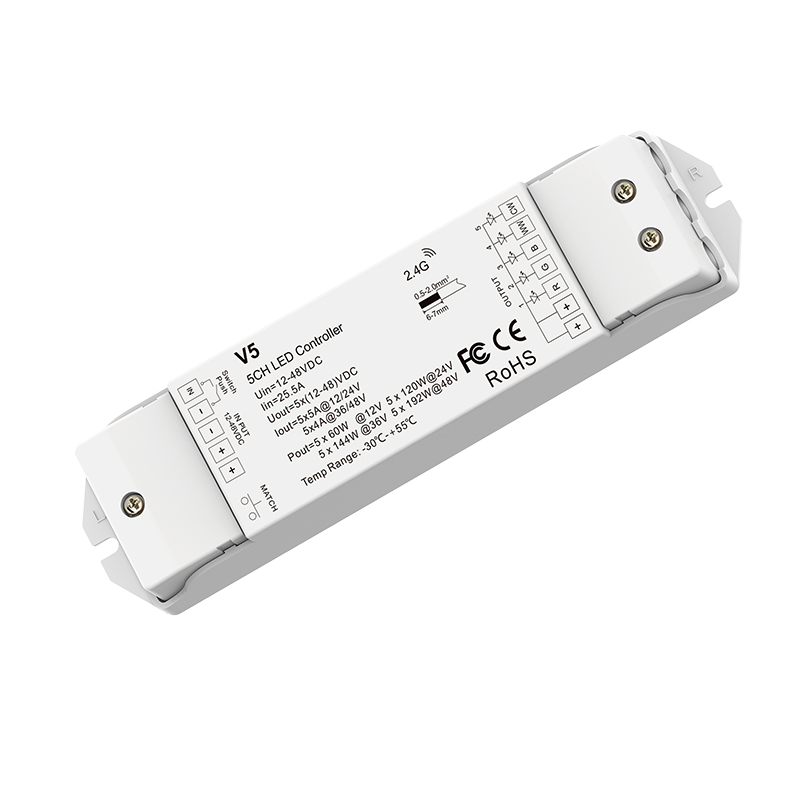 Großer RGB+CCT LED-Controller 12–48 V, 5-Kanal – RF 2,4 GHz