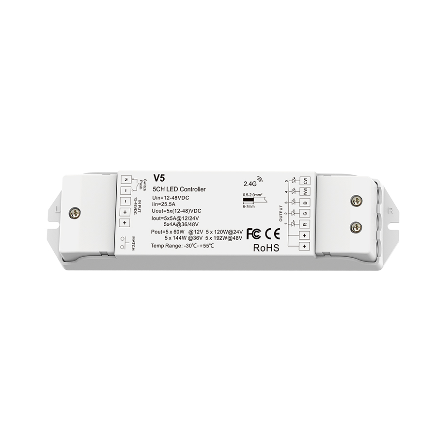 Großer RGB+CCT LED-Controller 12–48 V, 5-Kanal – RF 2,4 GHz