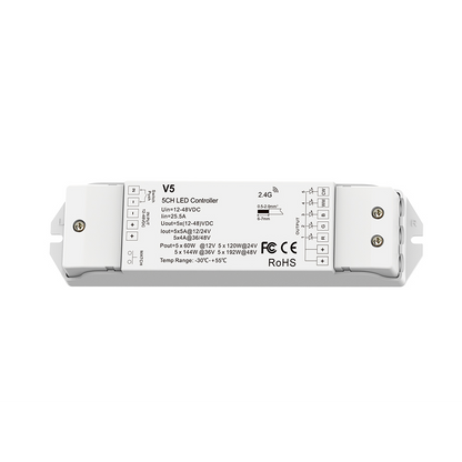 Großer RGB+CCT LED-Controller 12–48 V, 5-Kanal – RF 2,4 GHz