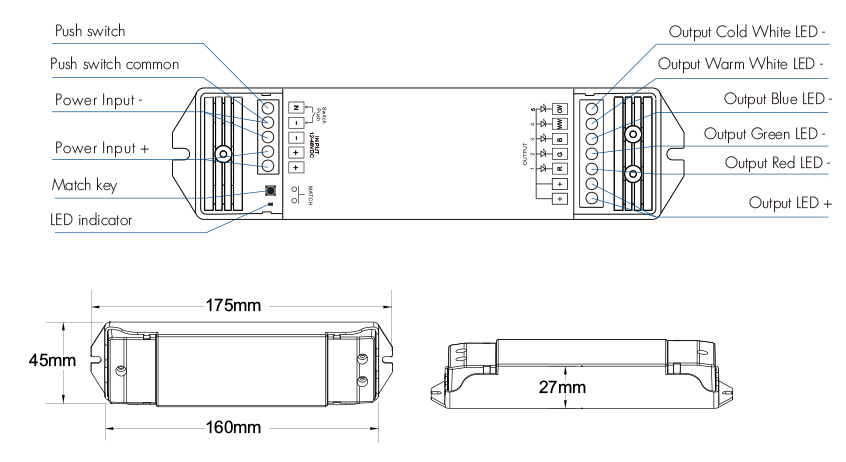 Großer RGB+CCT LED-Controller 12–48 V, 5-Kanal – RF 2,4 GHz