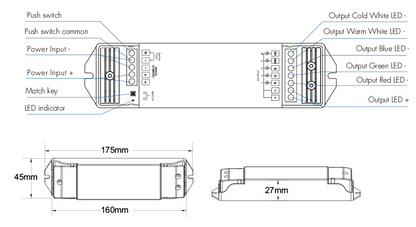 Großer RGB+CCT LED-Controller 12–48 V, 5-Kanal – RF 2,4 GHz